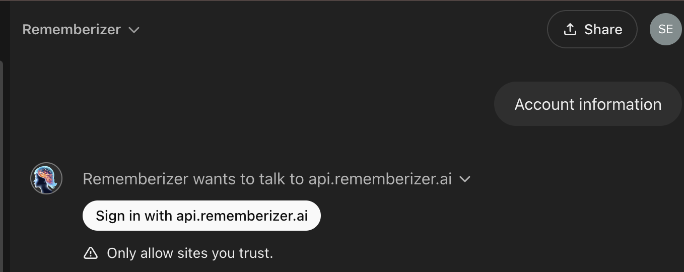 Yêu cầu đăng nhập từ ứng dụng Rememberizer GPT