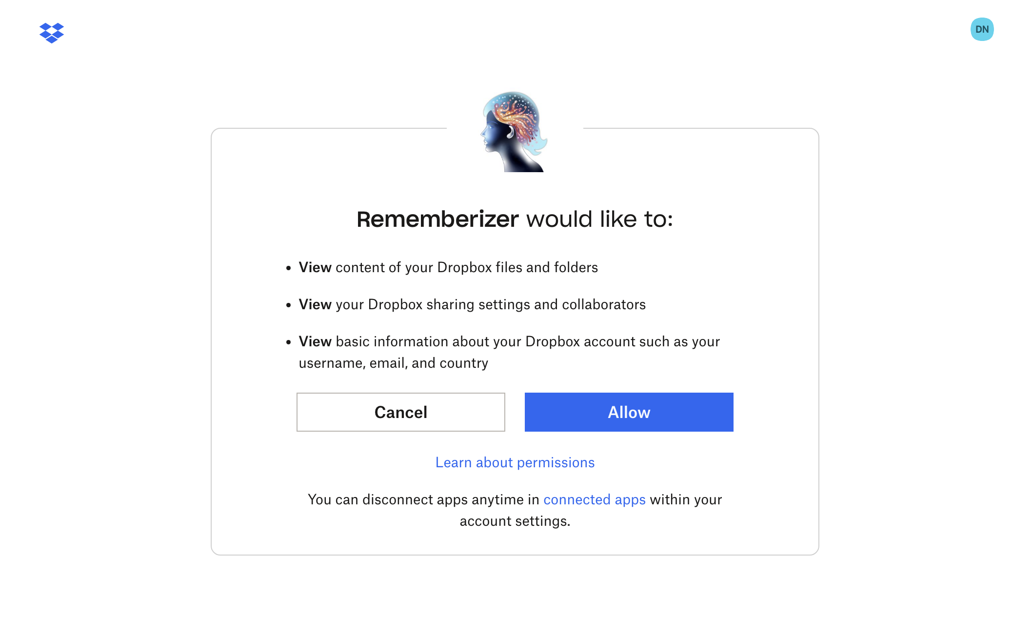 Màn hình xác thực Dropbox OAuth